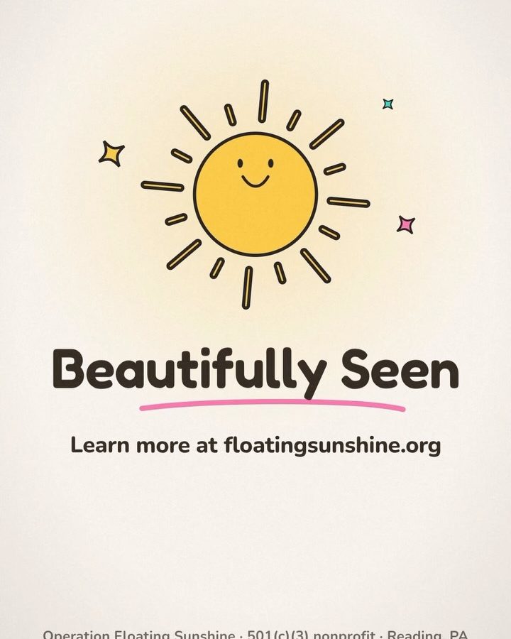Illustrated smiling sun above the words Beautifully Seen and the text Learn more at floatingsunshine.org on a cream background.