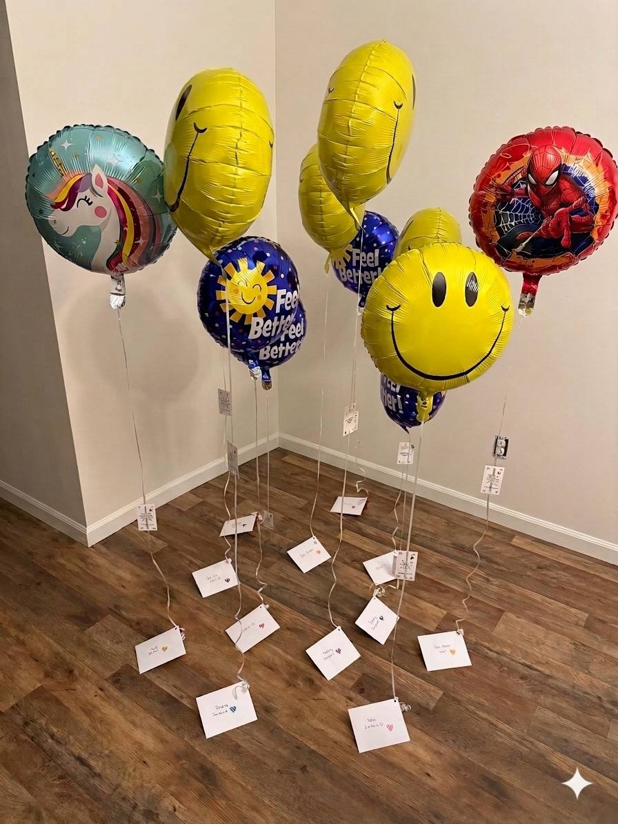 Foil balloons with unicorn, smiley face, Feel Better, and Spider-Man designs stand in a room, each ribbon tied to a hand-written card.