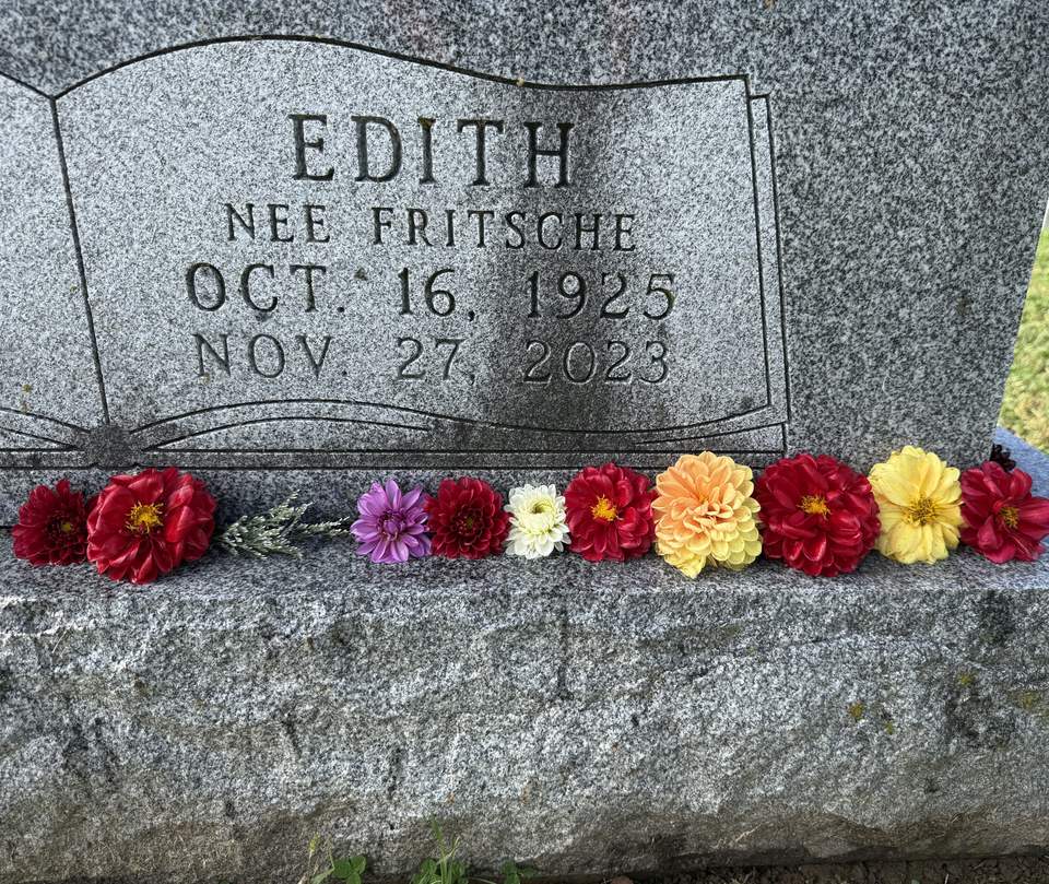 Red, yellow, purple, and white dahlias lined up along the ledge of Edith's gravestone.